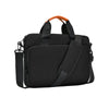 Housse d'ordinateur portable noire premium avec accents orange et bretelles rembourrées.
