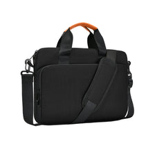 Black premium laptop sleeve with orange accents and padded straps.