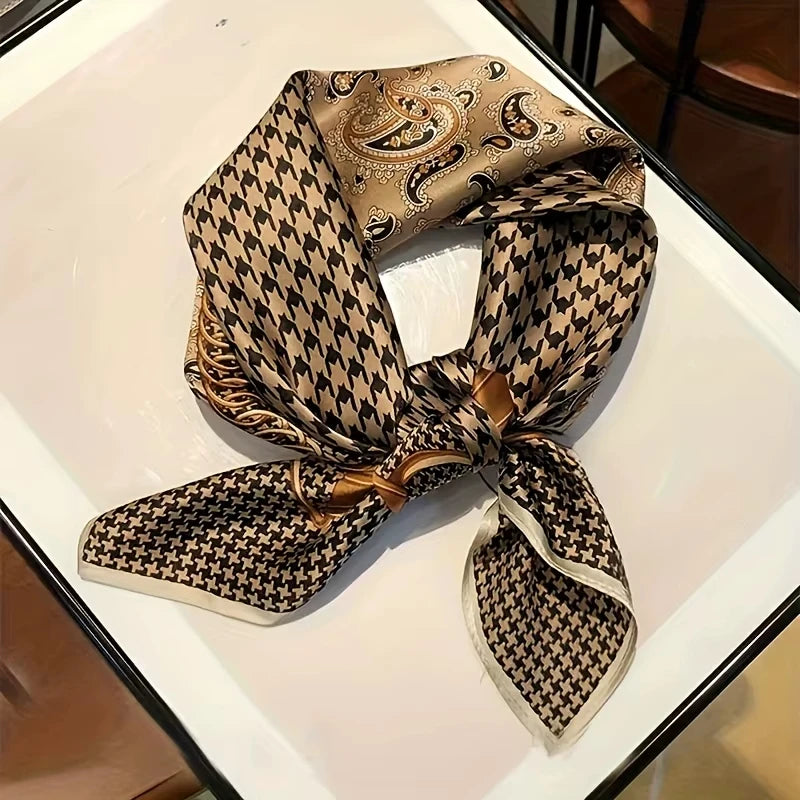 A patterned silk hair scarf featuring a gold and black paisley design tied in a bow.