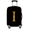 Black thick elastic luggage protective cover with gold initial I on the side
