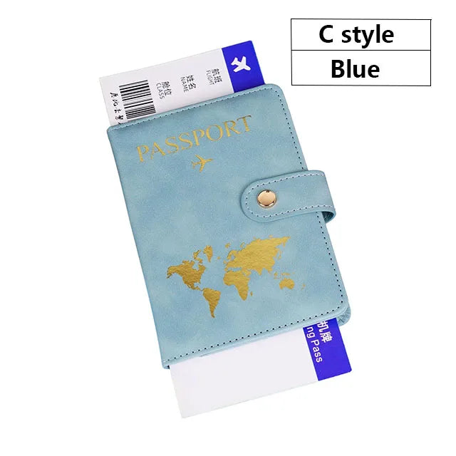 A light blue C style passport and ID holder cover made of premium PU leather with gold foil printing.