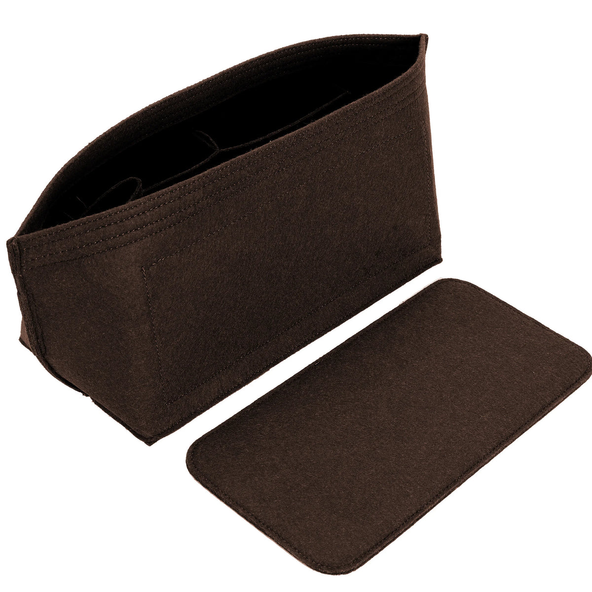 A pair of dark brown felt purse organizer inserts shown flat.