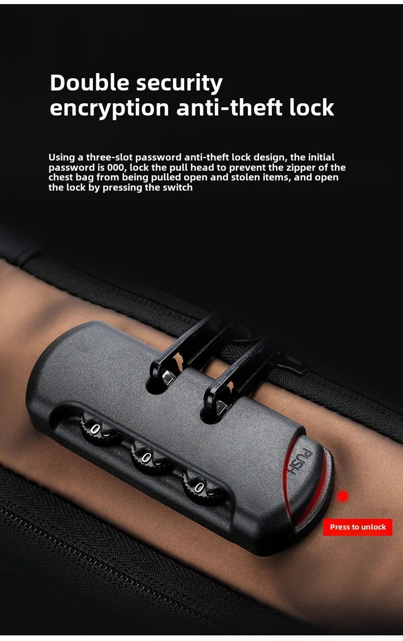 A close-up of a black anti-theft lock mechanism with three slots and a push button, shown on a brown fabric.