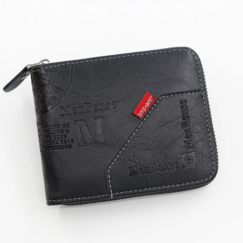A black MenBense PU leather wallet with a coin pocket and card holder, shown from the top.