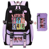 A purple and black canvas backpack featuring various girl prints and embroidery details.