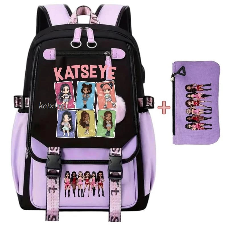 A purple and black canvas backpack featuring various girl prints and embroidery details.