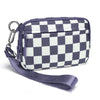 A purple and white checkered multi-card wallet with a clear ID window and attached strap.