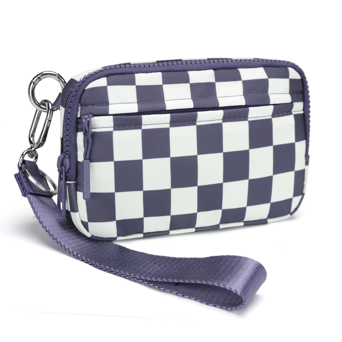 A purple and white checkered multi-card wallet with a clear ID window and attached strap.