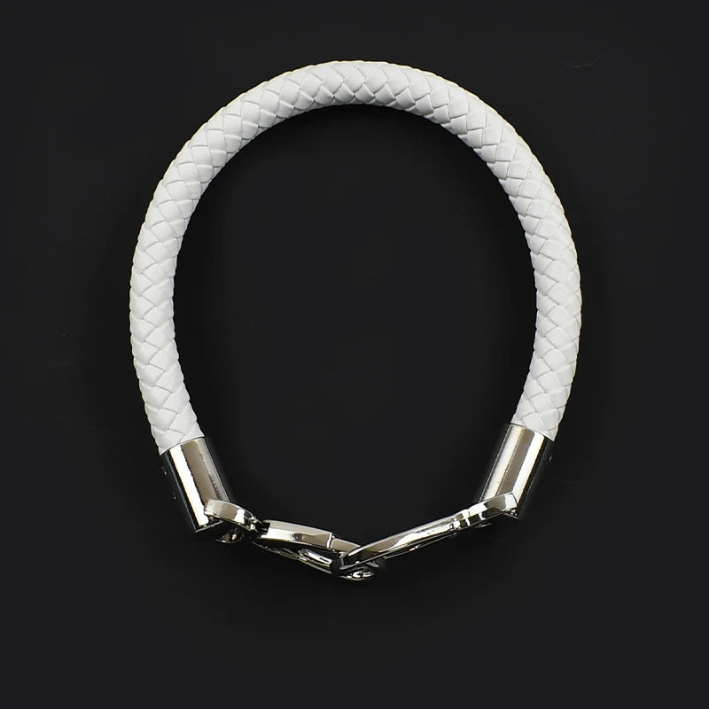 A white braided PU leather replacement bag strap with silver metal buckles.