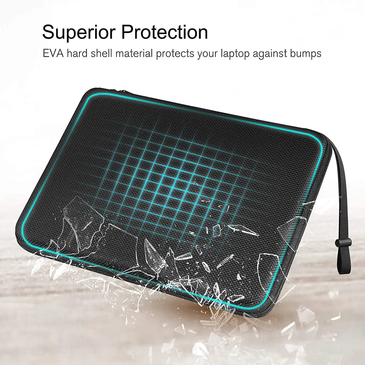 A black EVA hard shell laptop sleeve protecting a laptop from bumps, shown against a wooden background.