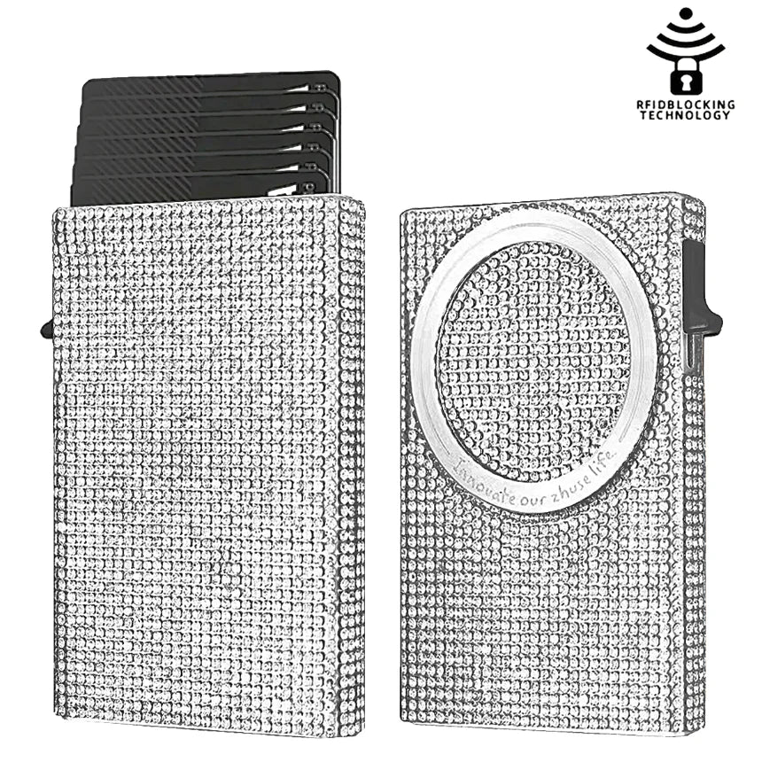 A silver magnetic card holder wallet with a textured surface and a black card slot.