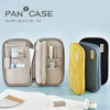 Three tan and gray multi-compartment corduroy pencil cases are displayed on a light blue background.