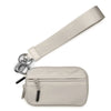 A light beige multi-functional zipper coin purse wallet with a matching strap.