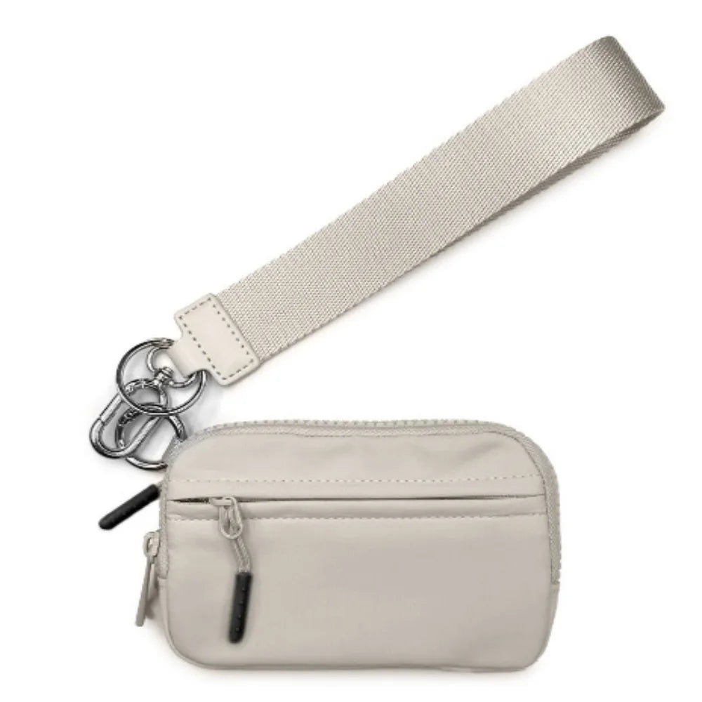 A light beige multi-functional zipper coin purse wallet with a matching strap.