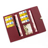 A maroon tri-fold PU card holder wallet featuring multiple slots for cards and a decorative cover.