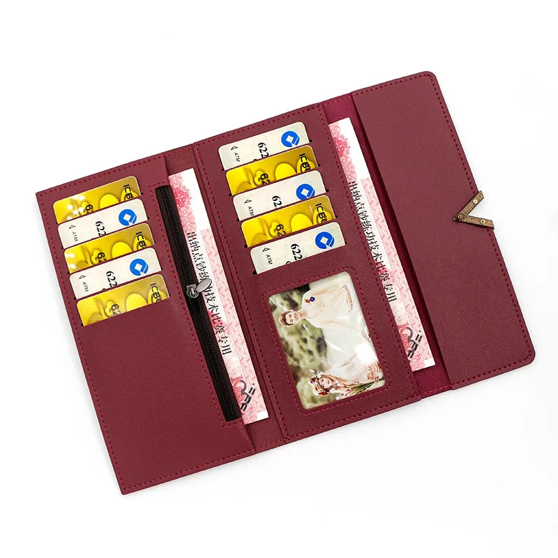 A maroon tri-fold PU card holder wallet featuring multiple slots for cards and a decorative cover.