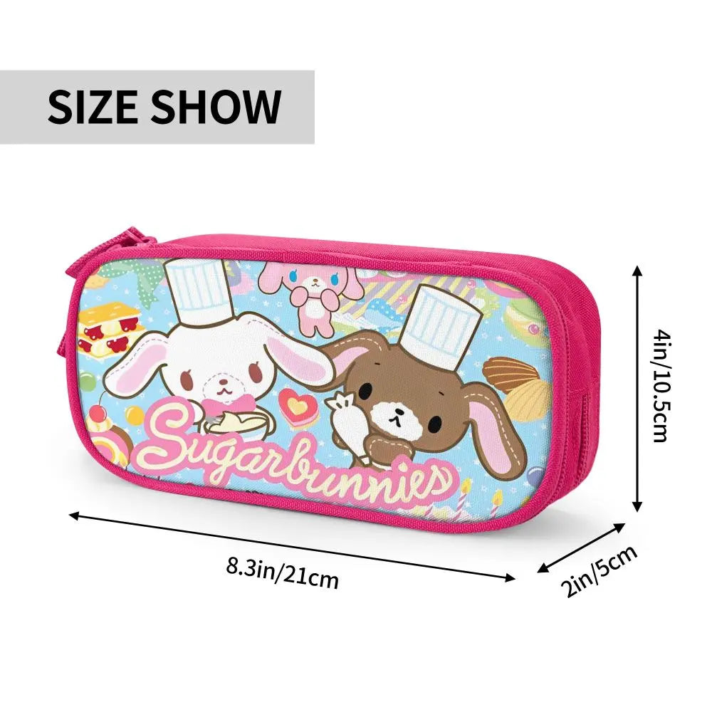 Pink fabric pencil case featuring a sweet bear design and the text Sugarbunnies