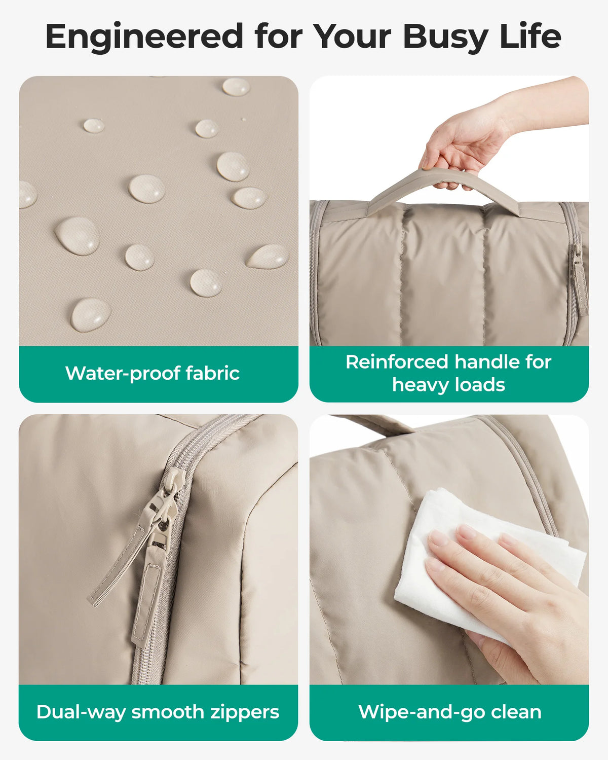Bolsa de viaje beige para herramientas de cabello con asa reforzada, cremalleras suaves y tela fácil de limpiar.