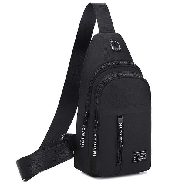 Black men's versatile crossbody sling chest bag with adjustable strap and zipper.