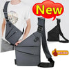 A new gray anti-theft crossbody chest bag for men shown in various angles.