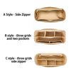 Three styles of felt bag organizer inserts showing side zipper, three grids and two pockets, and three grids with a side zipp