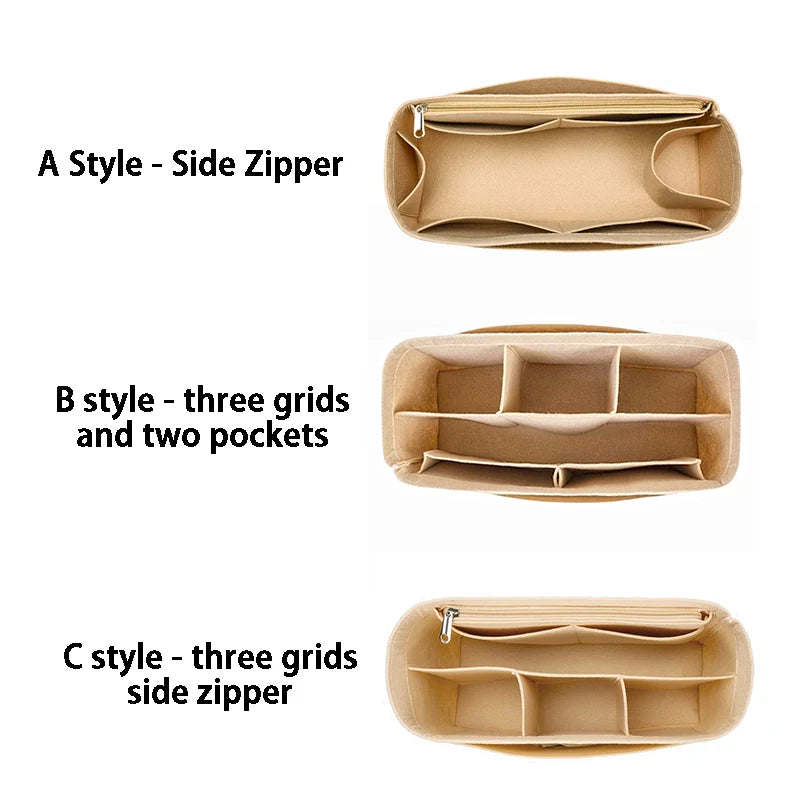 Three styles of felt bag organizer inserts showing side zipper, three grids and two pockets, and three grids with a side zipp