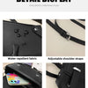 Detail display of a black minimalist leather crossbody bag showing features like water-repellent fabric, adjustable straps, z