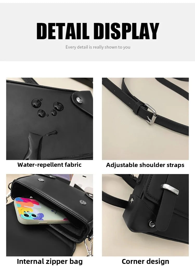 Detail display of a black minimalist leather crossbody bag showing features like water-repellent fabric, adjustable straps, z