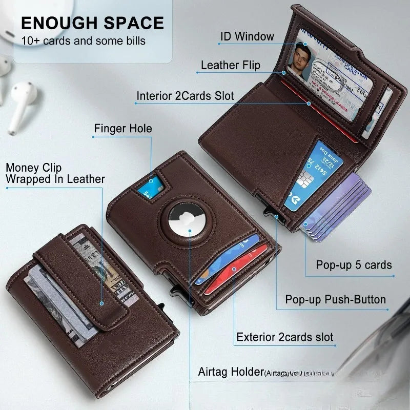 Cartera de tarjetas de aluminio marrón para hombre con varios compartimentos y agujero para el dedo