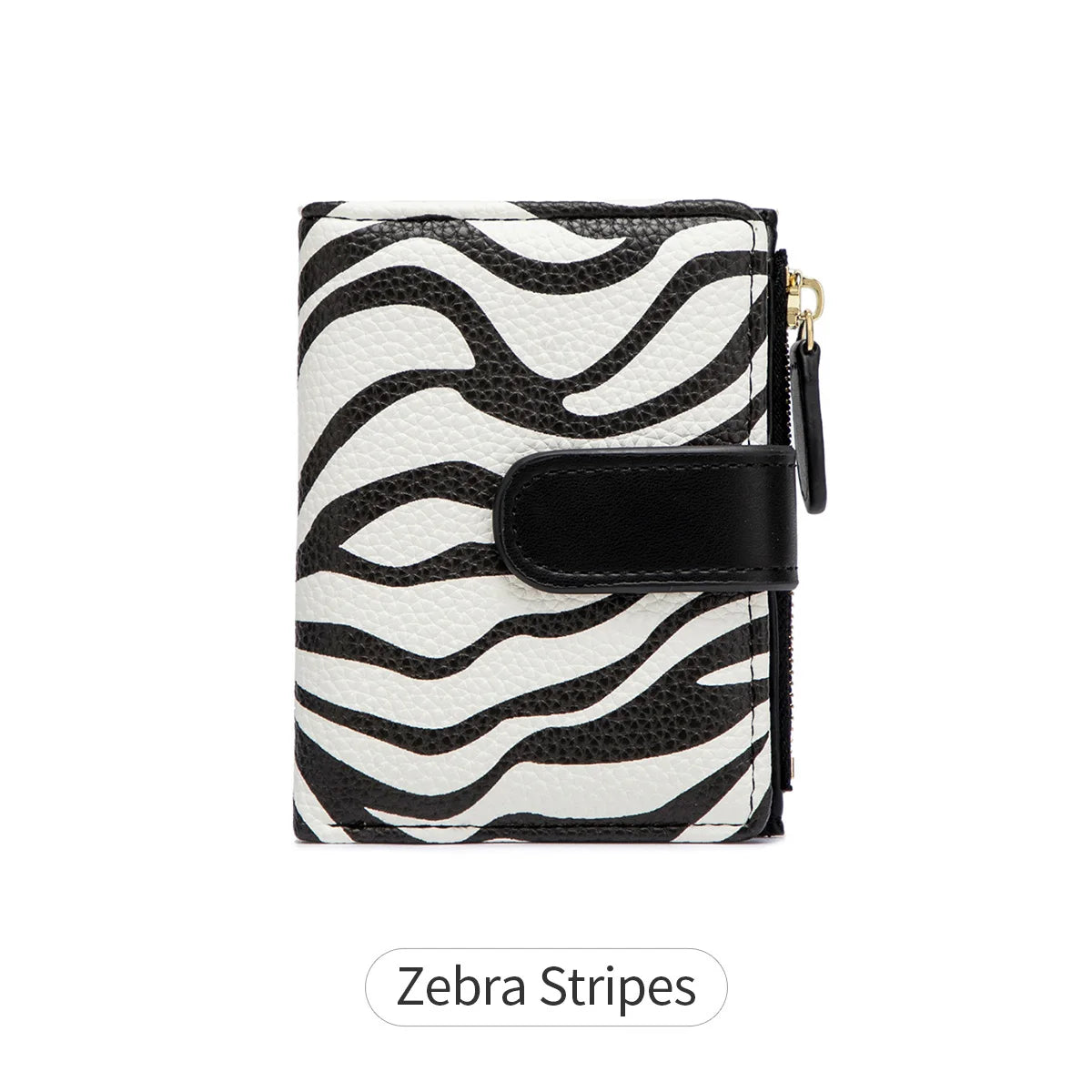 Black and white zebra stripes on a minimalist PU leather bi-fold wallet with an ID window