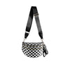 Black and white checkered multi-functional waist bag with black strap