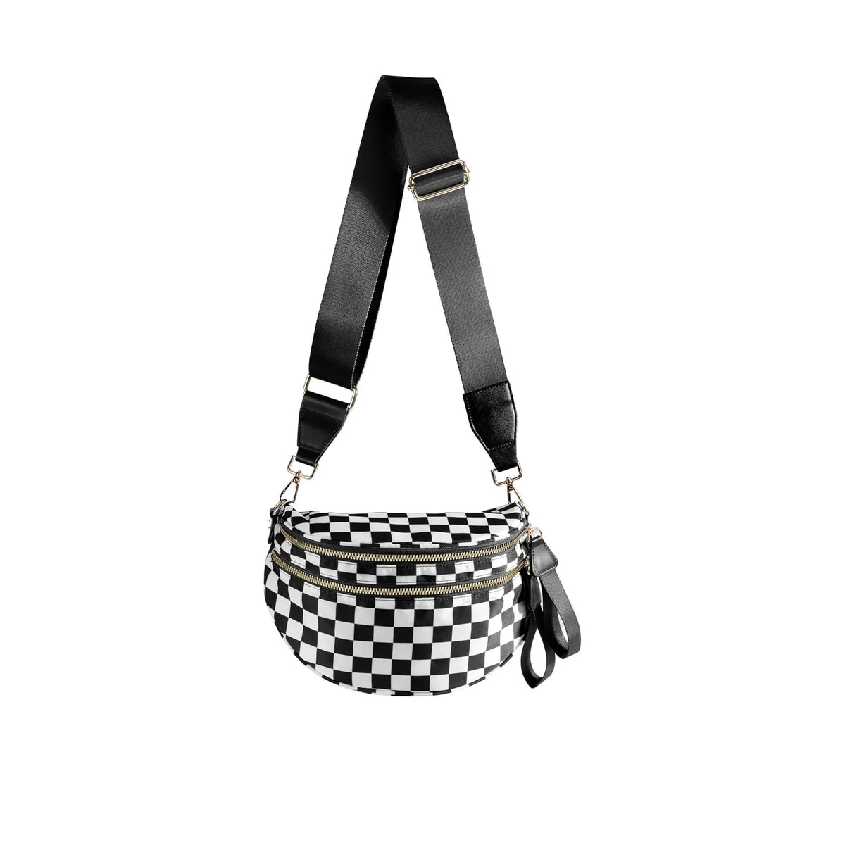 Black and white checkered multi-functional waist bag with black strap