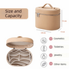A beige travel makeup organizer with a zipper closure, showing the exterior and interior compartments for cosmetics, toiletri