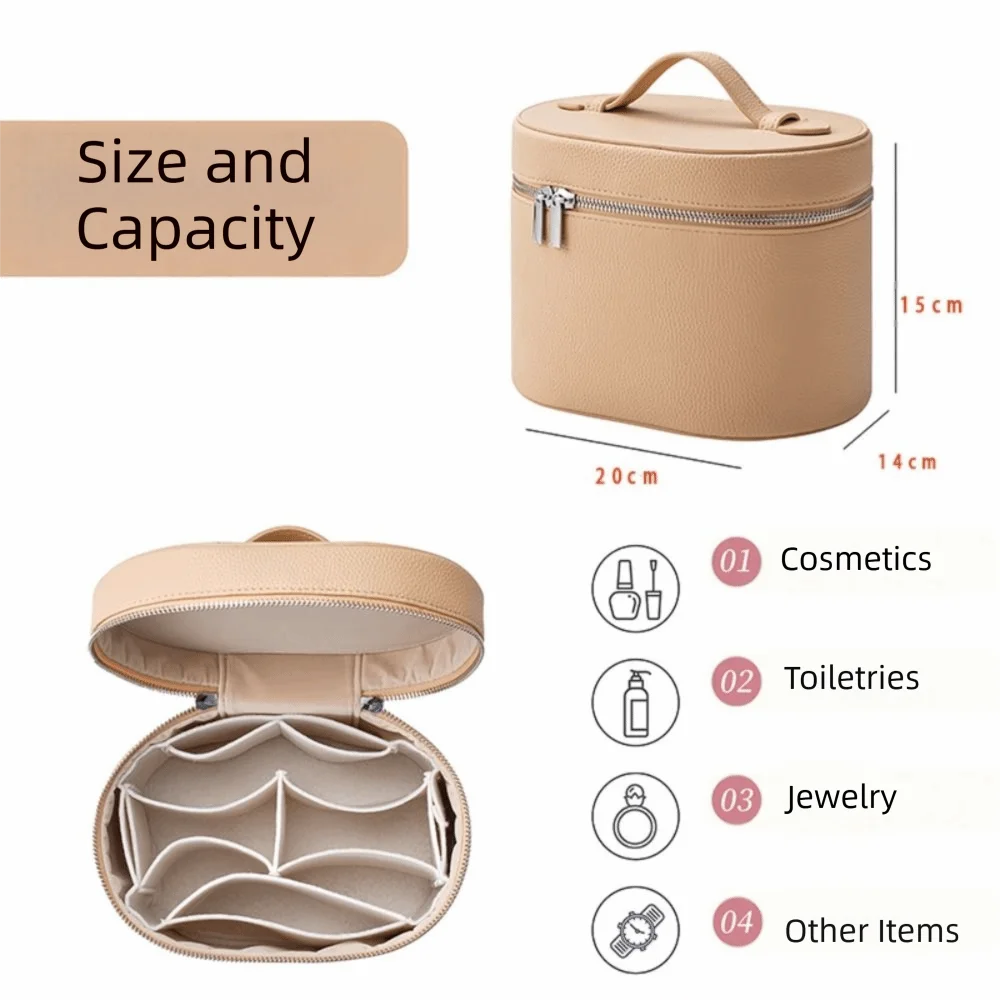 A beige travel makeup organizer with a zipper closure, showing the exterior and interior compartments for cosmetics, toiletri