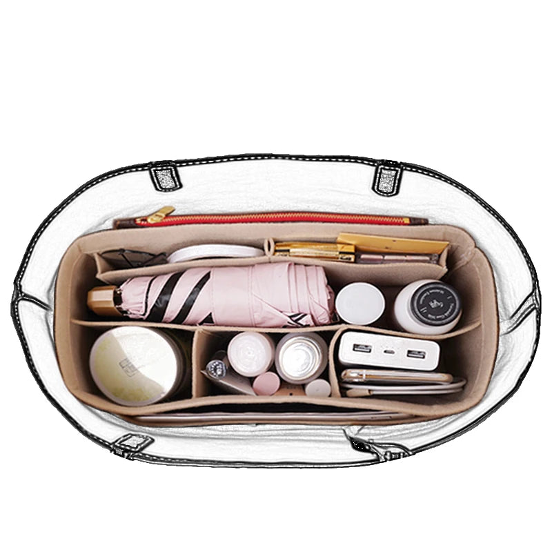 A felt bag organizer insert showing various makeup and grooming tools neatly arranged in a light brown fabric pouch.