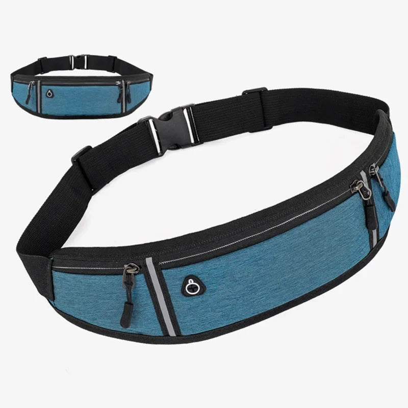 A dark blue canvas waist fanny bag with black strap and buckle shown in a flat lay view.