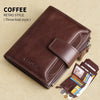 A dark brown leather three-fold style wallet with a zipper, lying on a beige surface next to cards.