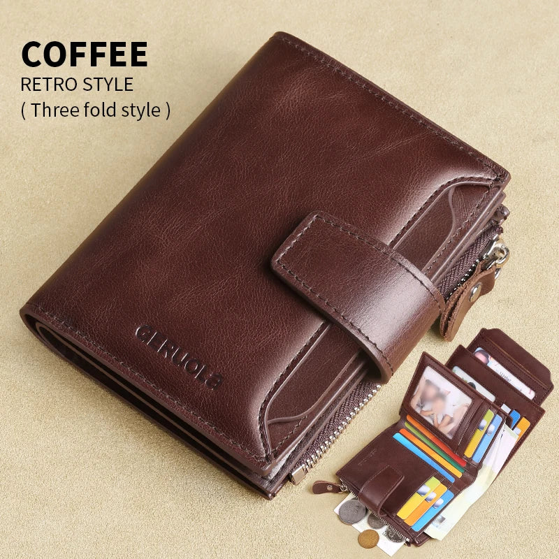 A dark brown leather three-fold style wallet with a zipper, lying on a beige surface next to cards.