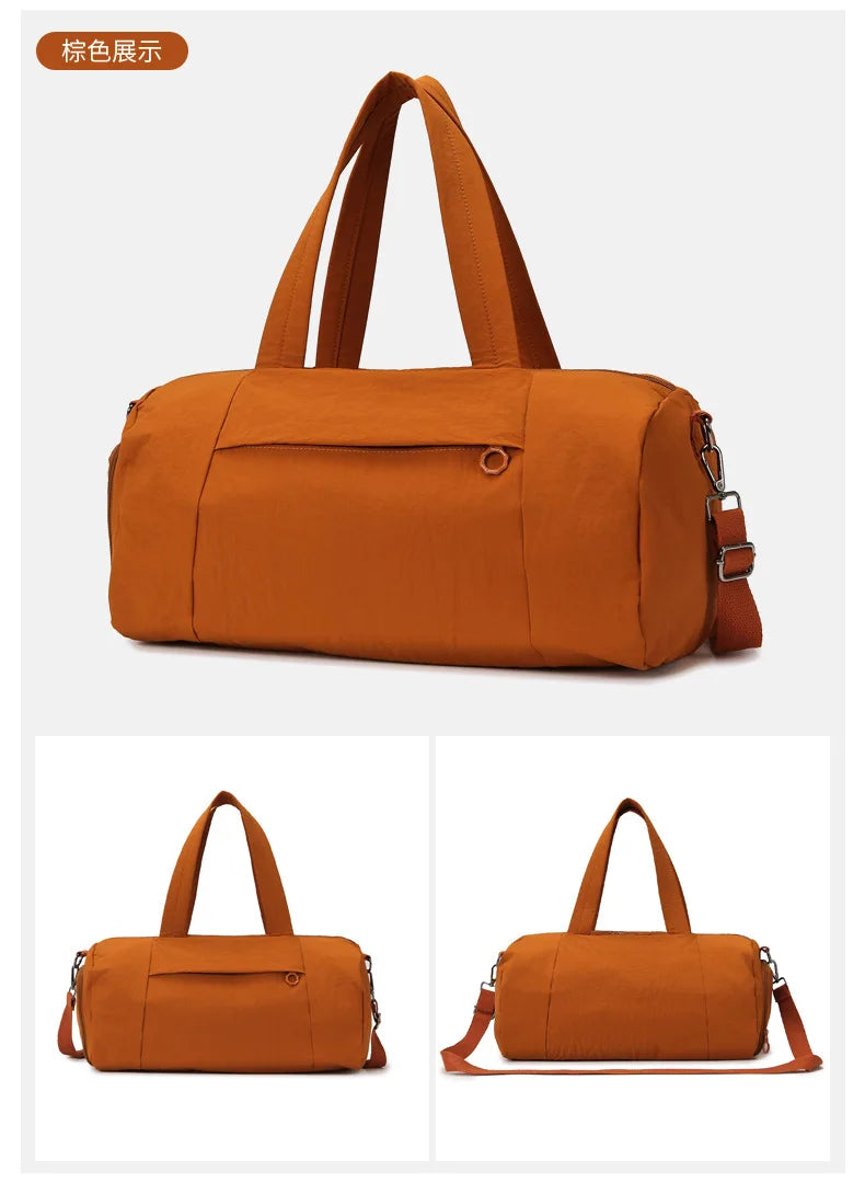 A tan Oxford gym duffel bag with carrying straps shown in multiple views.