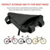 Bolsa resistente negra para almacenar cuadros de bicicleta, mostrada con varias bicis abajo.
