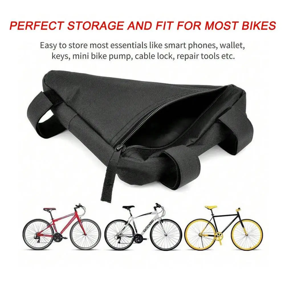 Bolsa resistente negra para almacenar cuadros de bicicleta, mostrada con varias bicis abajo.