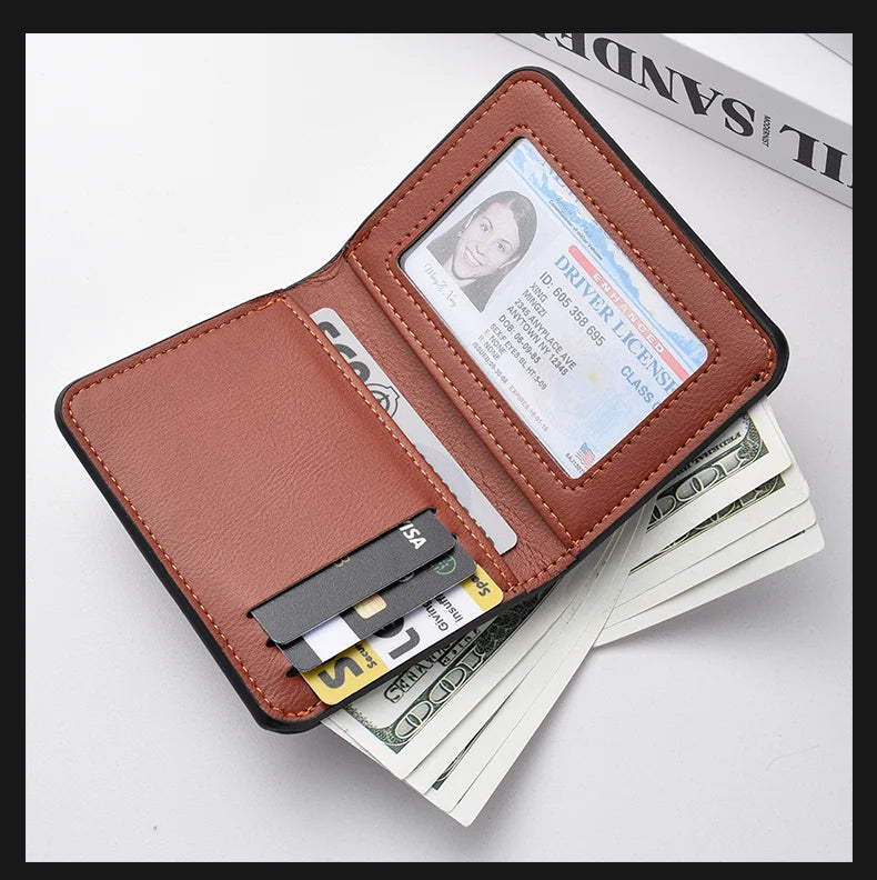 A brown leather credit card wallet displaying a driver's license and cash.