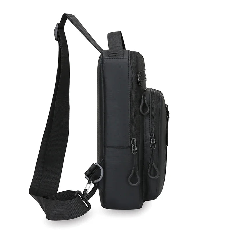 Black lightweight chest bag with a strap and an external phone pocket.