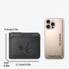 A beige men's embossed PU leather slim wallet shown next to its dimensions and weight.