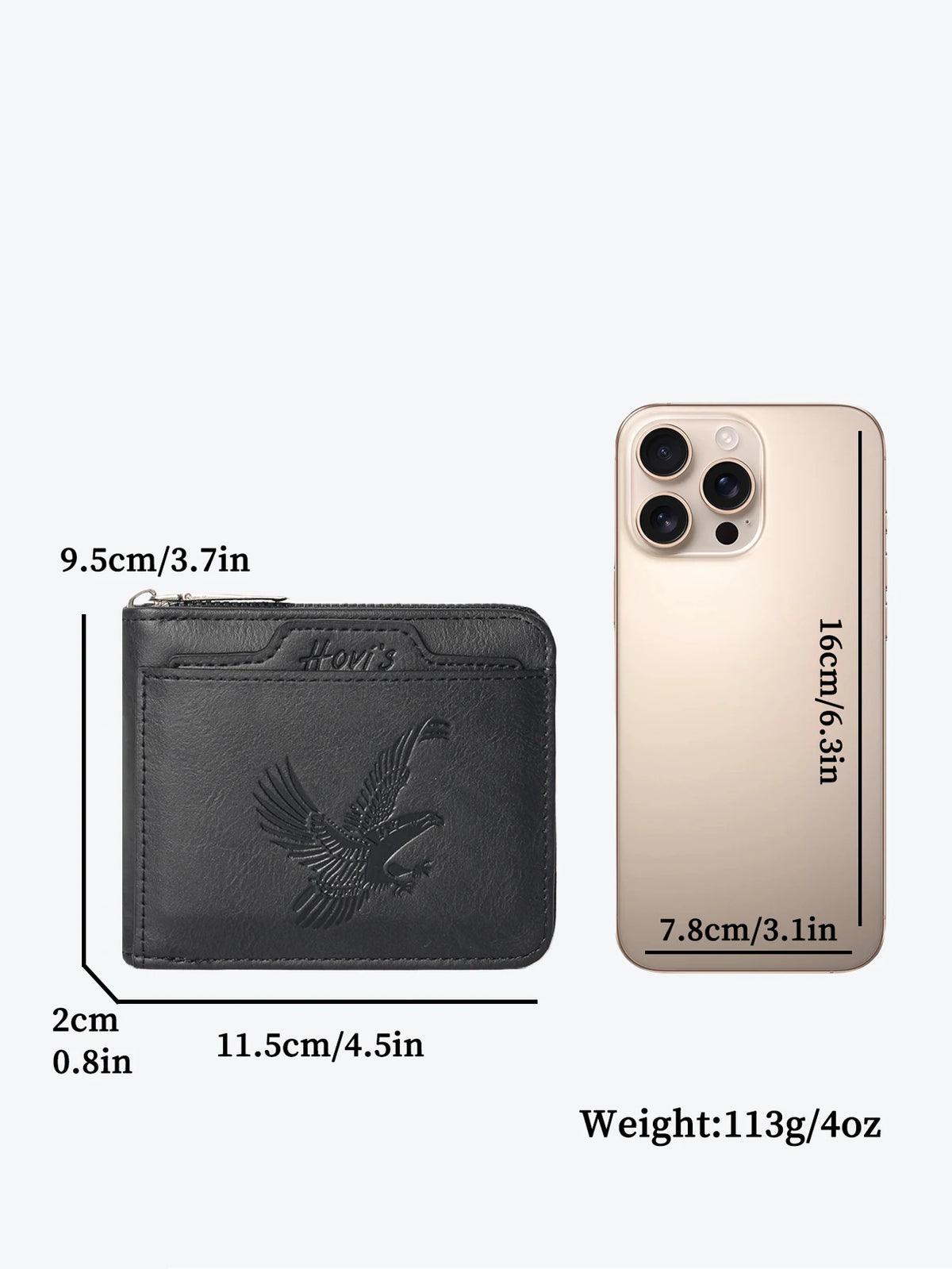 A beige men's embossed PU leather slim wallet shown next to its dimensions and weight.