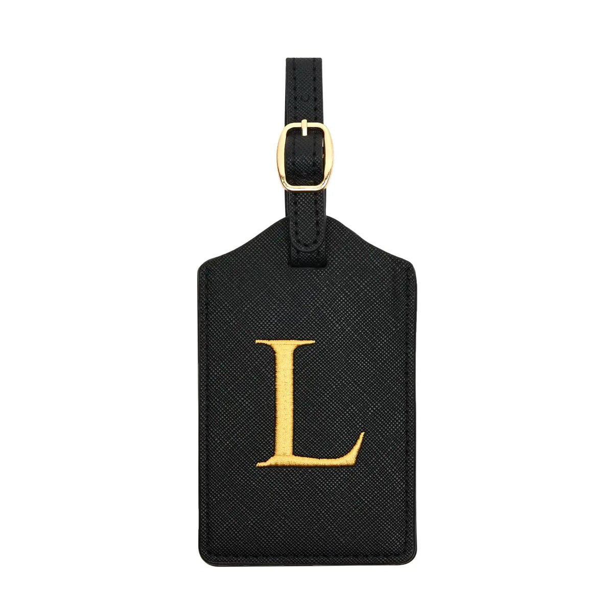 Black PU leather luggage tag with a gold letter L and a metal ring for attachment.