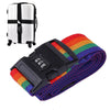 Black adjustable luggage cross strap with a combination lock and colorful striped fabric