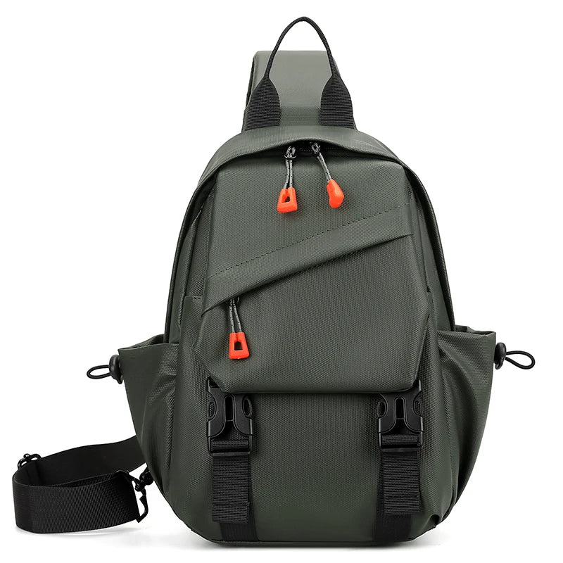 Sac de sport pour homme vert olive foncé avec sangles noires et accents orange.