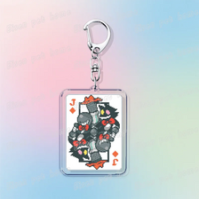 A silver keychain featuring a square charm with pixel art of Deltarune chibi poker cards.