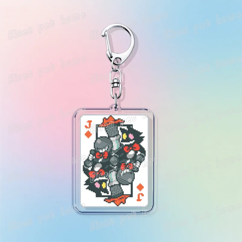 A silver keychain featuring a square charm with pixel art of Deltarune chibi poker cards.